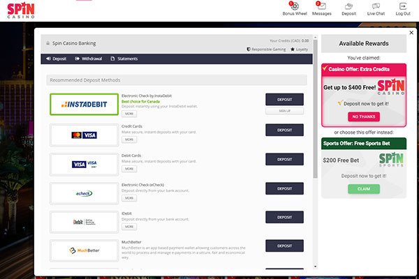 Spin Casino CAD Deposits