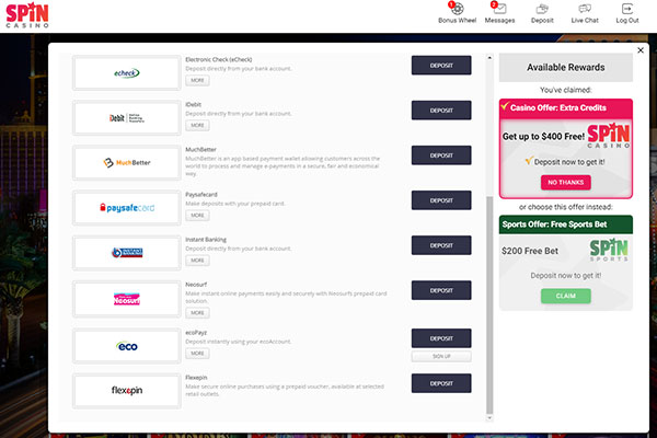 spin casino deposit options