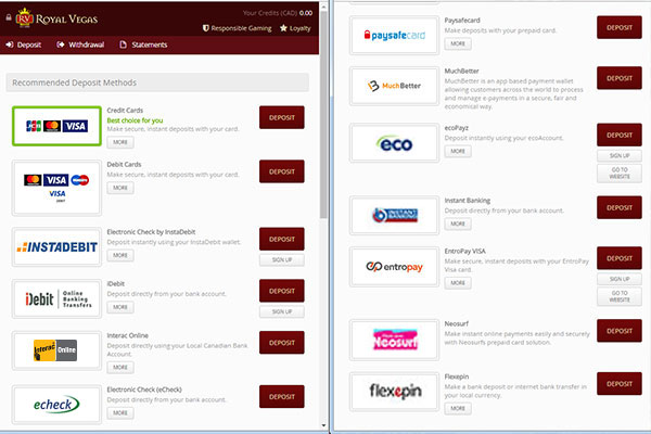 Royal Vegas CAD deposits