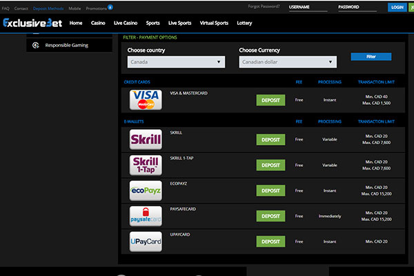 ExclusiveBet CAD deposit methods