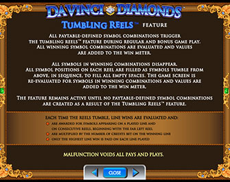 DaVinci Diamonds slot game instructions