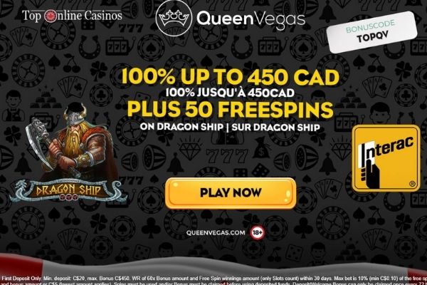 queen vegas casino exclusive welcome bonus for Top Online Casinos players showing 100% deposit match up to $450 CAD and 50 free spins