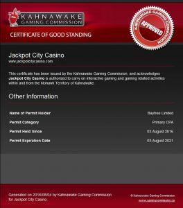 JAckpot City Kahnawake license