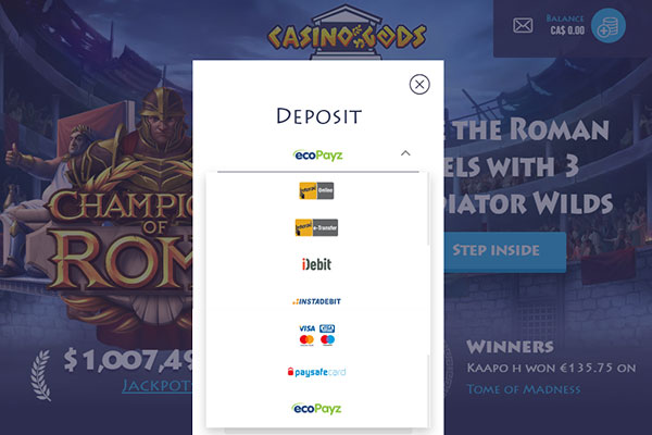 Casino Gods Deposit screen